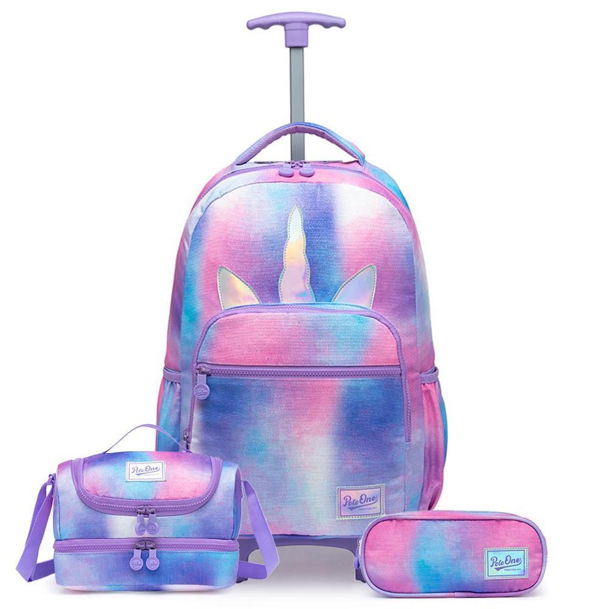 Kit Mochila De Rodinha Infantil Unicórnio Lancheira Térmica Estojo Escolar
