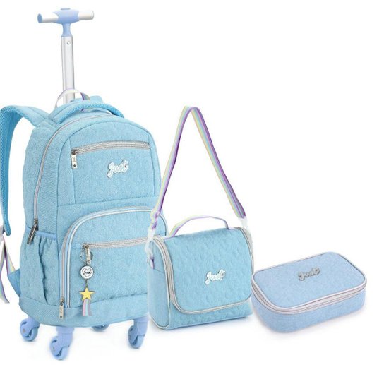 Kit Mochila de Rodinha, Lancheira e Estojo 360° Matelasse - Azul Menor preço em Kit Mochila de Rodinha, Lancheira e Estojo 360° Matelasse - Azul