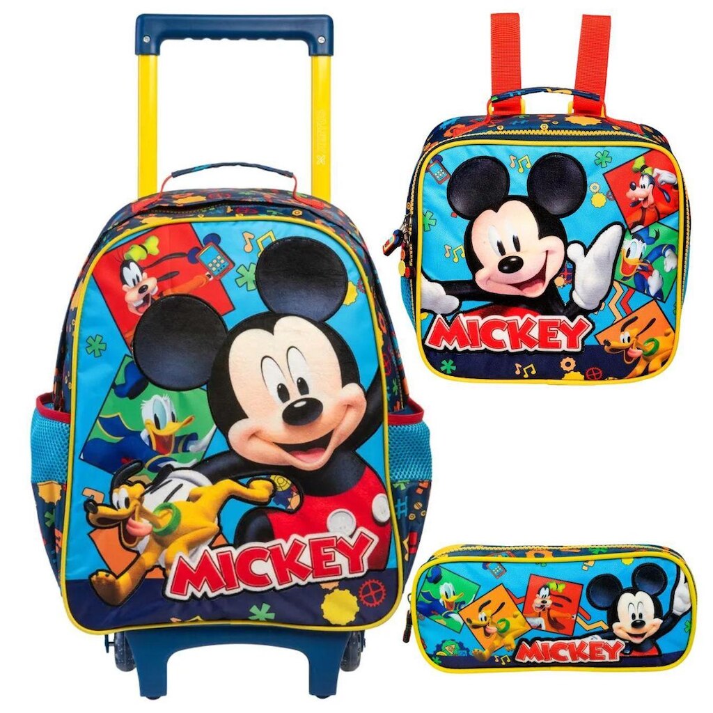 Kit Mochila De Rodinha Lancheira E Estojo Bolsa Mickey Mouse