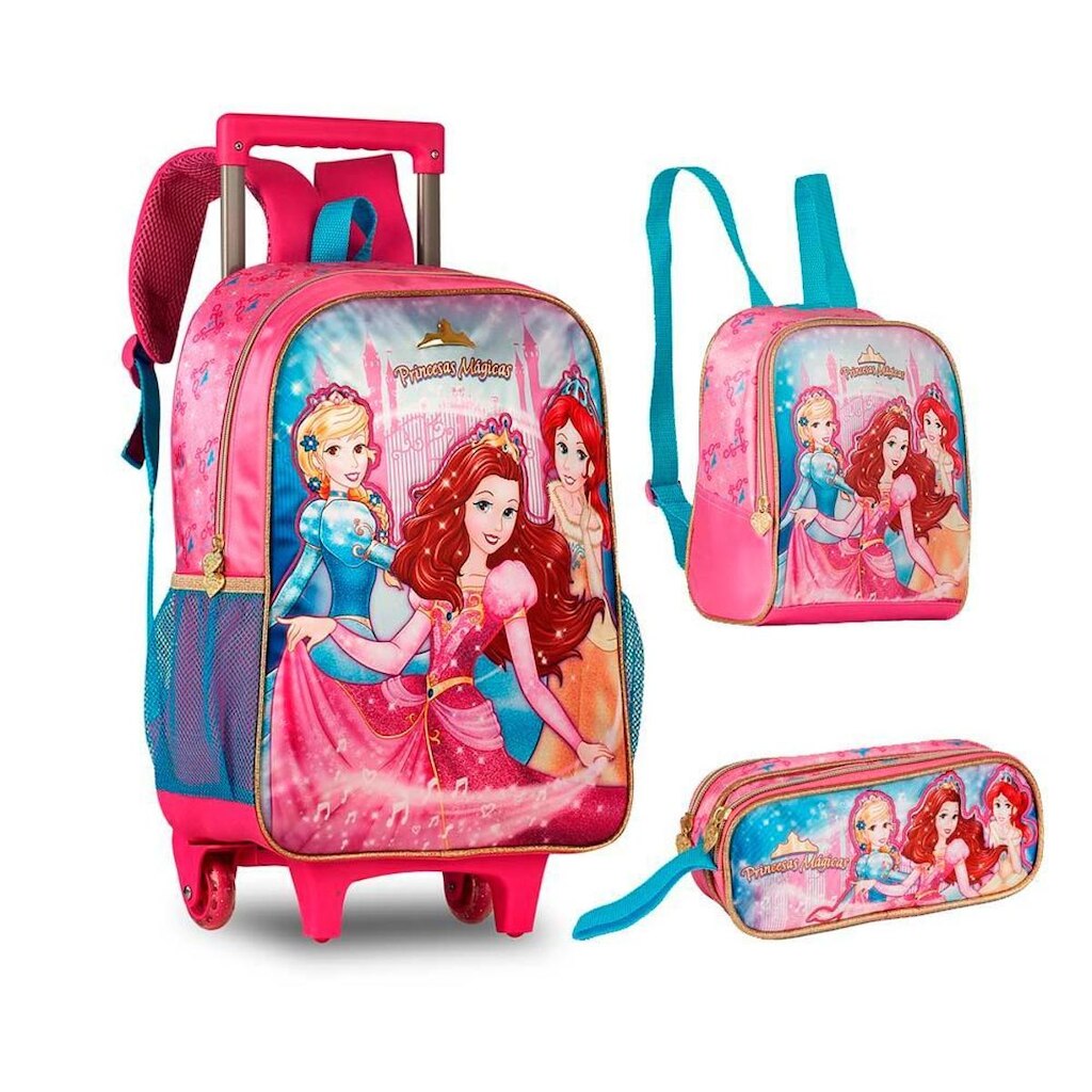 Kit Mochila de Rodinha Lancheira Estojo infantil Princesas Mágicas