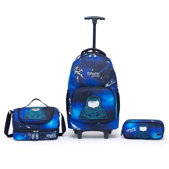 Kit Mochila De Rodinhas c/ Lancheira Estojo Infantil Escolar