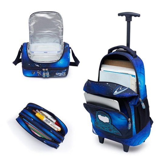 Kit Mochila De Rodinhas c/ Lancheira Estojo Infantil Escolar