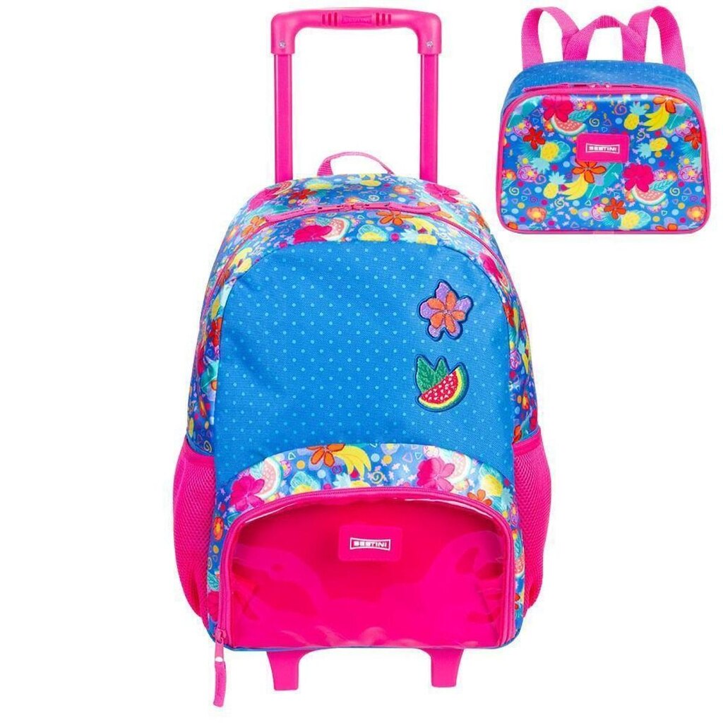 Kit Mochila de Rodinhas e Lancheira Sestini M Plus Flores
