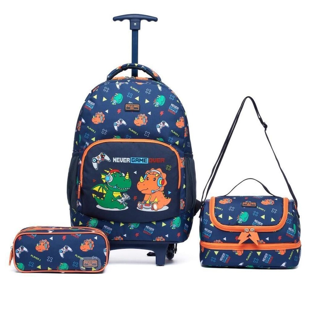 Kit Mochila De Rodinhas Escolar Com Estojo Lancheira Infantil Para Meninos