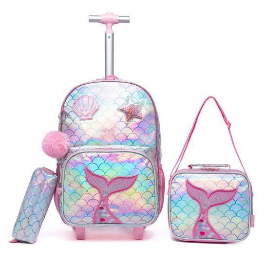 Kit Mochila de Rodinhas Escolar Infantil Menina Reforçado Resistente 20l