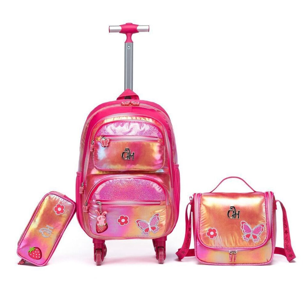 Kit Mochila de Rodinhas Infantil Lancheira Térmica Estojo Escolar Resistente Rosa Borboleta