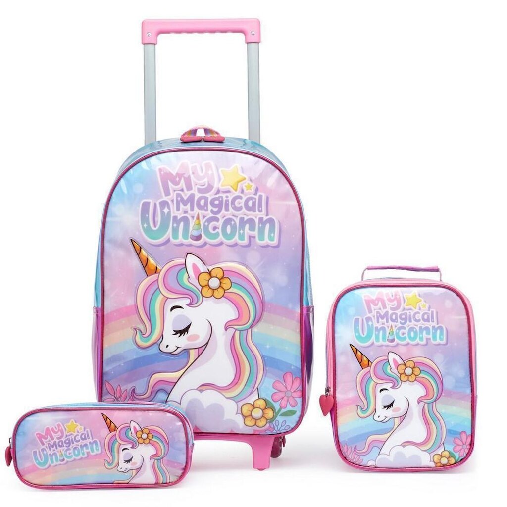 Kit Mochila De Rodinhas Infantil Unicórnio Escolar 26L