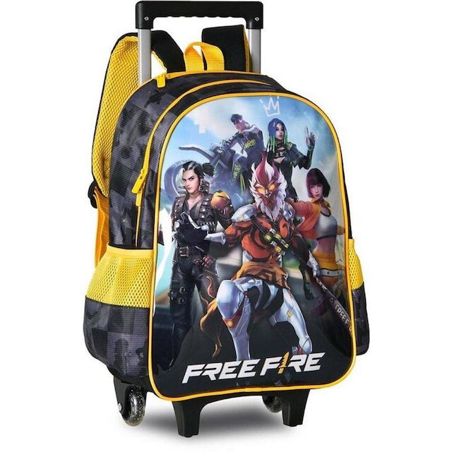 Kit Mochila de Rodinhas Lancheira Clio Style Free Fire Preto