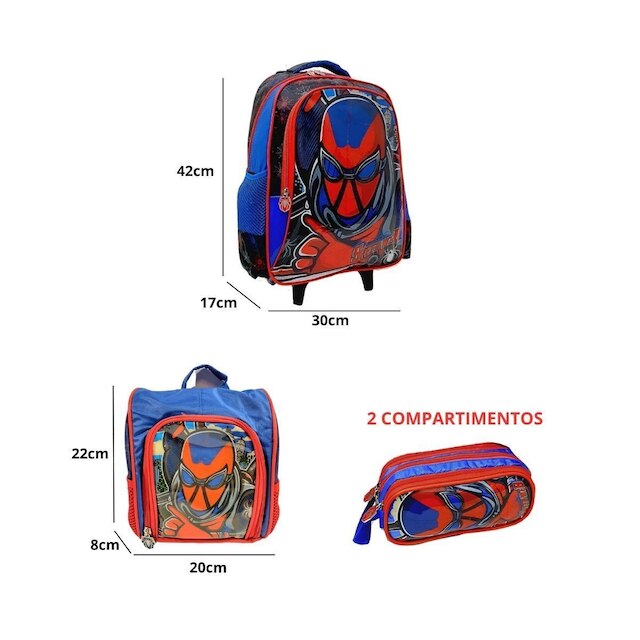 Kit Mochila de Rodinhas + Lancheira + Estojo Speed Web