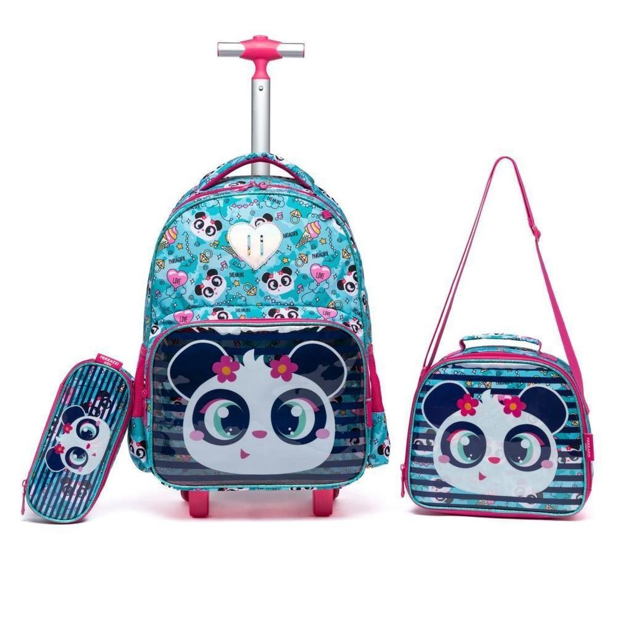 Kit Mochila de Rodinhas Lancheira Térmica Estojo Infantil Escolar Feminino