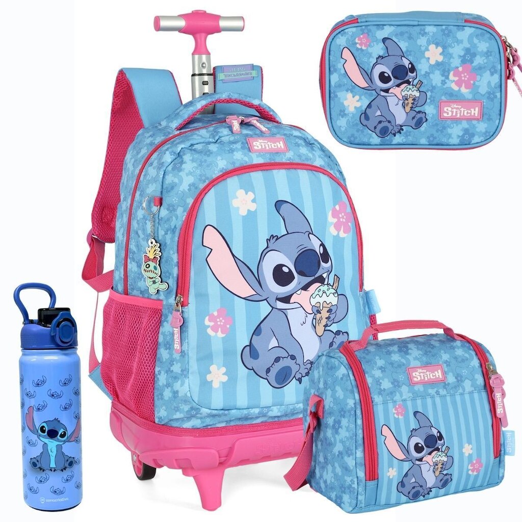 Kit Mochila de Rodinhas STITCH Luxcel MC50102SC Azul Pink