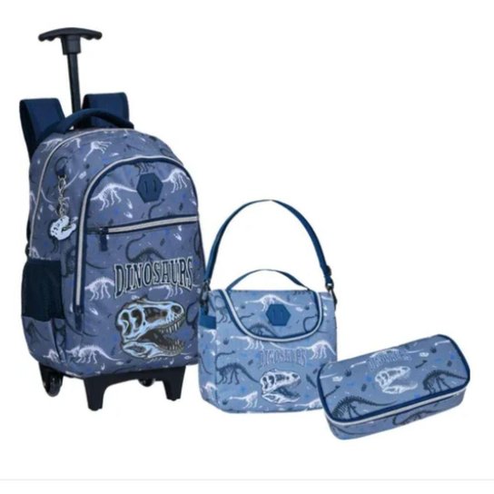 Kit Mochila Escola Menino Rodinha Dinossauro LancheiraEstojo - Azul Menor preço em Kit Mochila Escola Menino Rodinha Dinossauro LancheiraEstojo - Azul