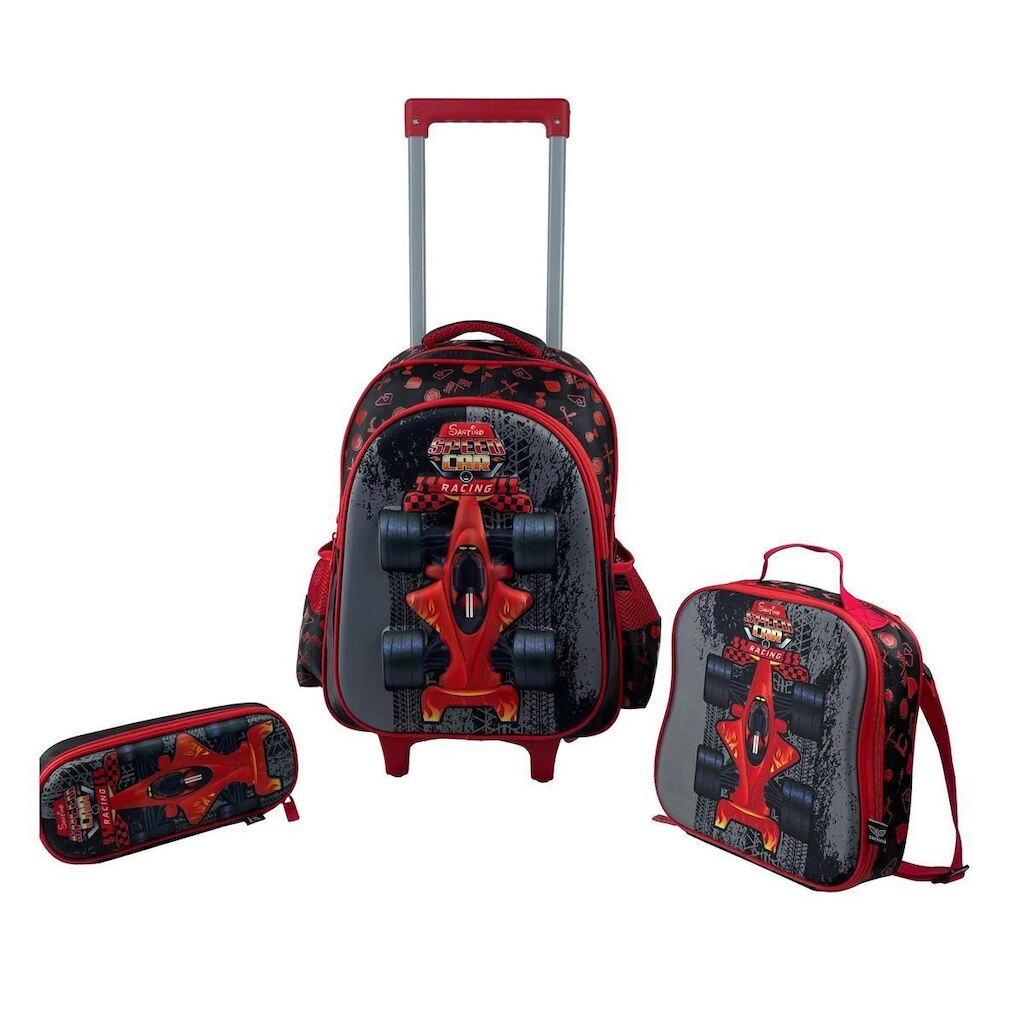 KIT MOCHILA ESCOLAR 2 RODAS LANCHEIRA E ESTOJO SPEED CAR