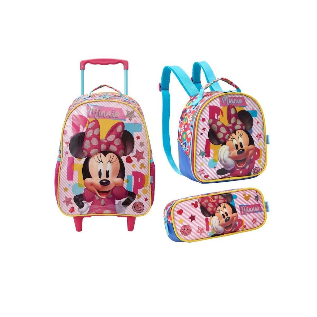 Kit Mochila Escolar Com Rodas + Lancheira + Estojo Minnie mouse