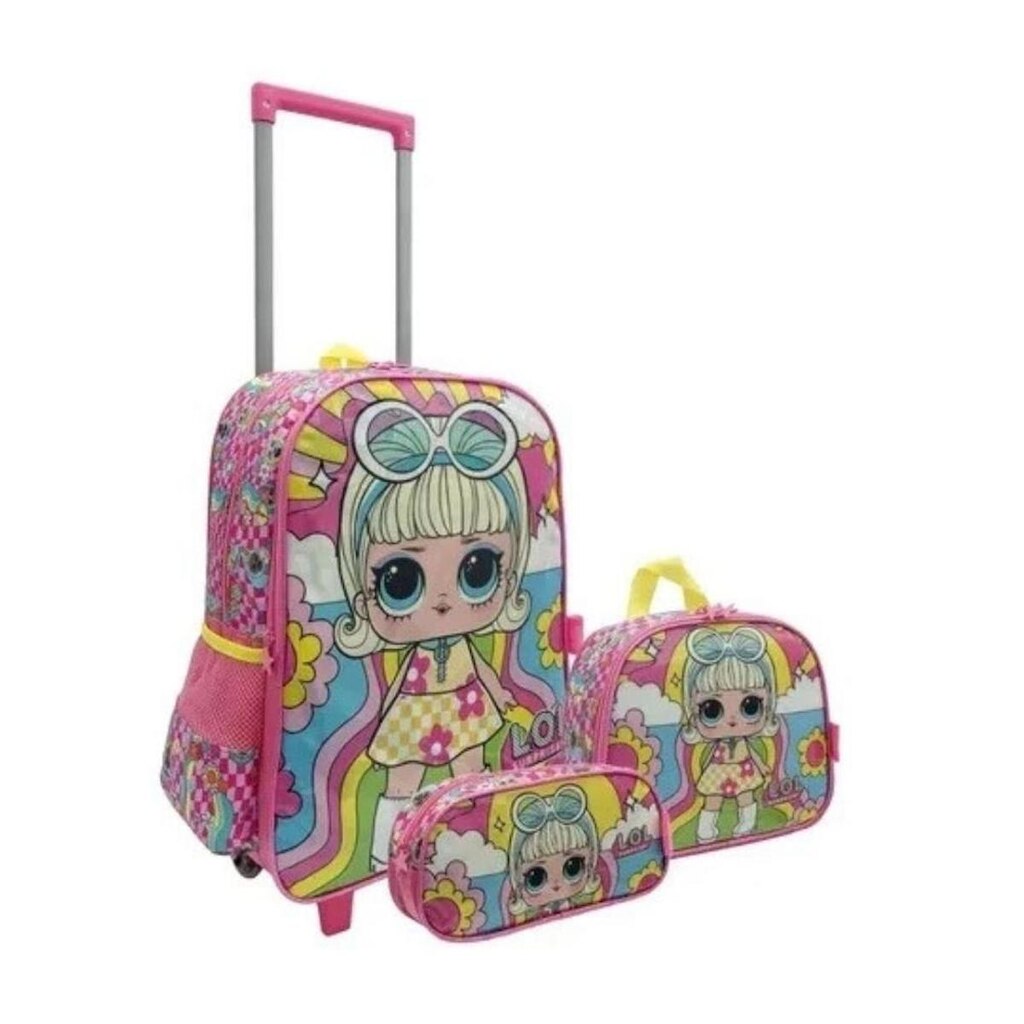 Kit Mochila escolar De Carrinho e Lancheira Infantil e Estojo LoL