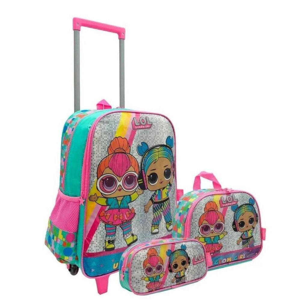 Kit Mochila escolar De Carrinho e Lancheira Infantil e Estojo LoL