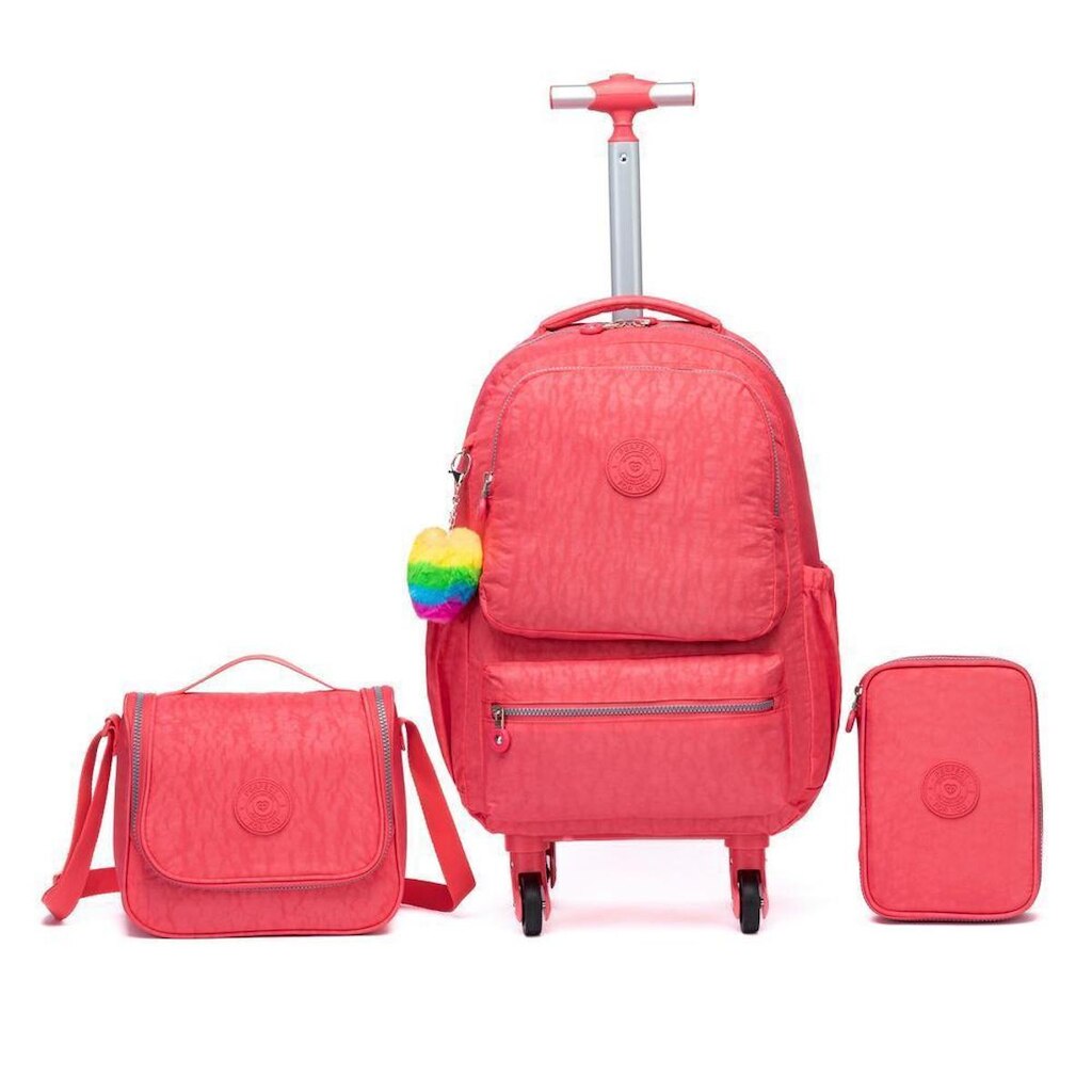Kit Mochila Escolar Feminina de Rodinhas Infantil Lancheira Térmica Estojo Lilás Resistente 20 L