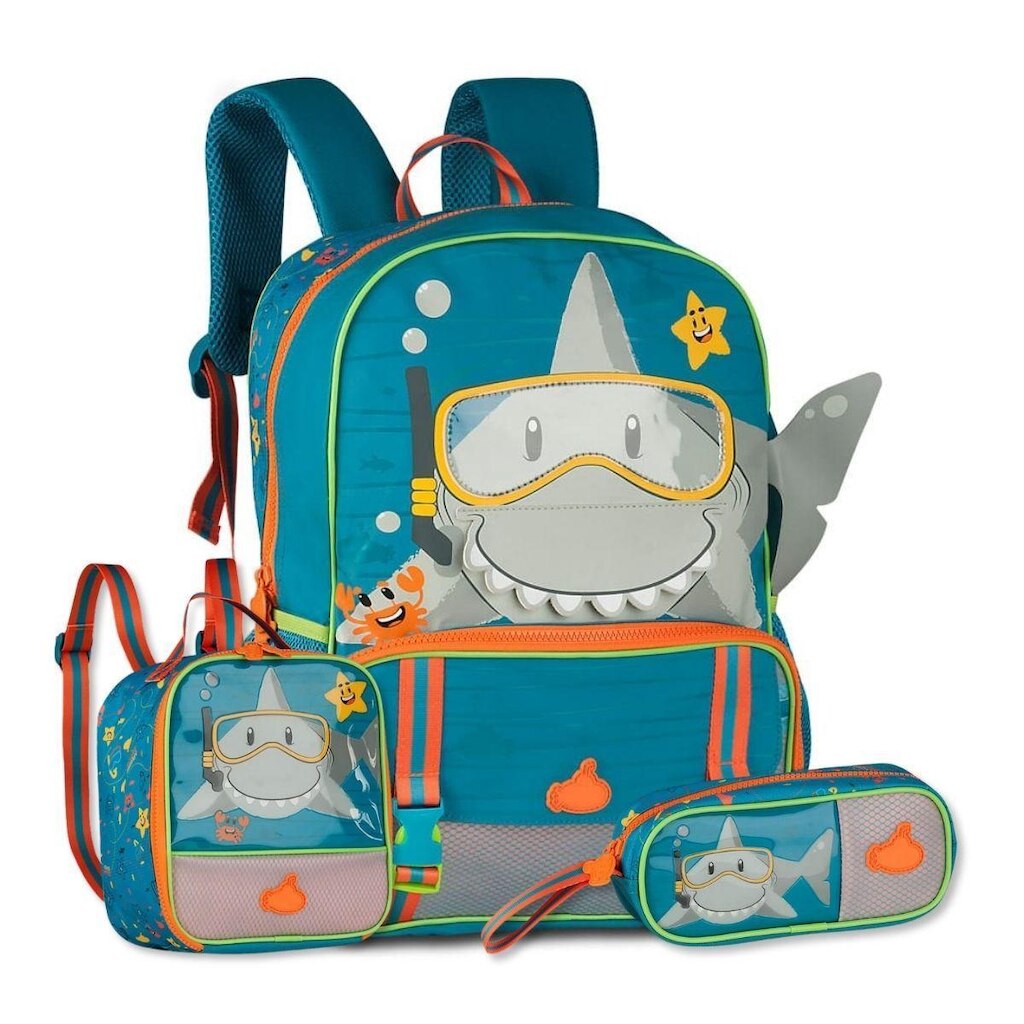 Kit Mochila Escolar Meninos Tubarão com Lancheira e Estojo