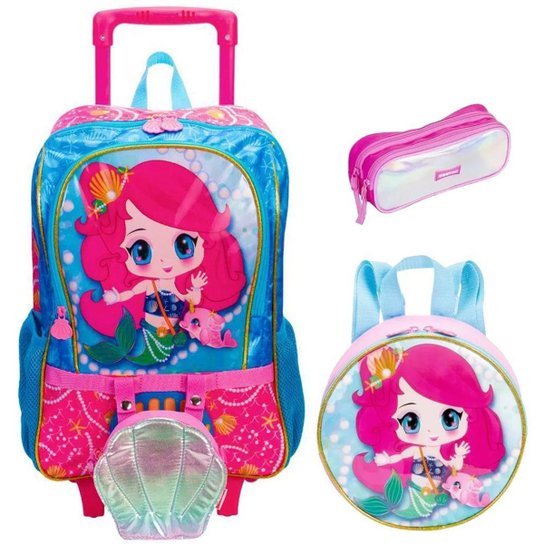 Kit Mochila Escolar Sereia Anime Infantil Rodinhas Tam G Bolsinha Lancheira Térmica Estojo Duplo - Colorido Menor preço em Kit Mochila Escolar Sereia Anime Infantil Rodinhas Tam G Bolsinha Lancheira Térmica Estojo Duplo - Colorido