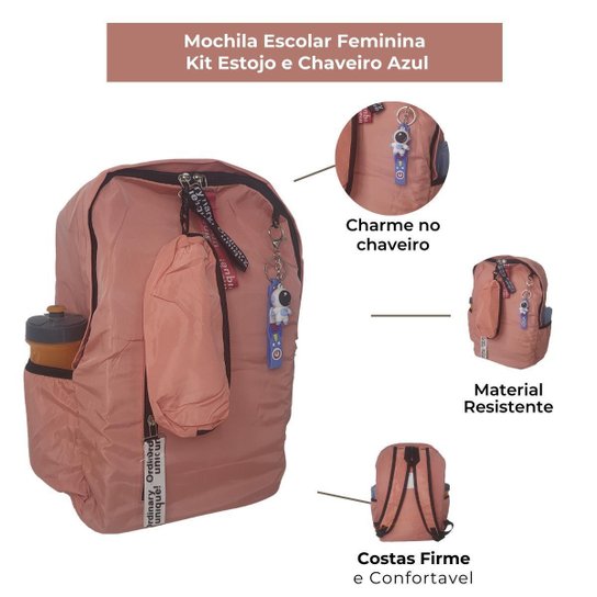 Kit Mochila + Estojo Escolar Feminina Com Chaveiro