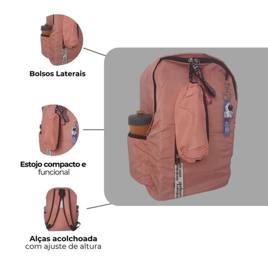 Kit Mochila + Estojo Escolar Feminina Com Chaveiro