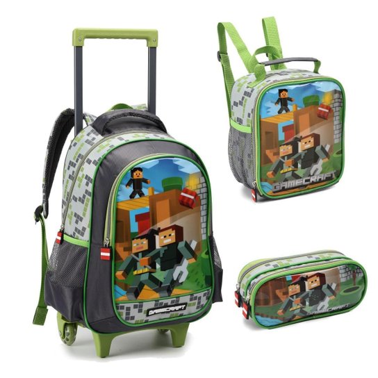 Kit Mochila Gamecraft Infantil Rodinhas - Denlex - Cinza+Verde Menor preço em Kit Mochila Gamecraft Infantil Rodinhas - Denlex - Cinza+Verde