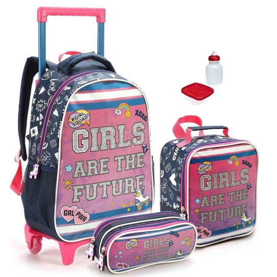 Kit Mochila Girls Infantil Escolar 2 em 1 Rodinhas Alças Tam G - Rosa Menor preço em Kit Mochila Girls Infantil Escolar 2 em 1 Rodinhas Alças Tam G - Rosa