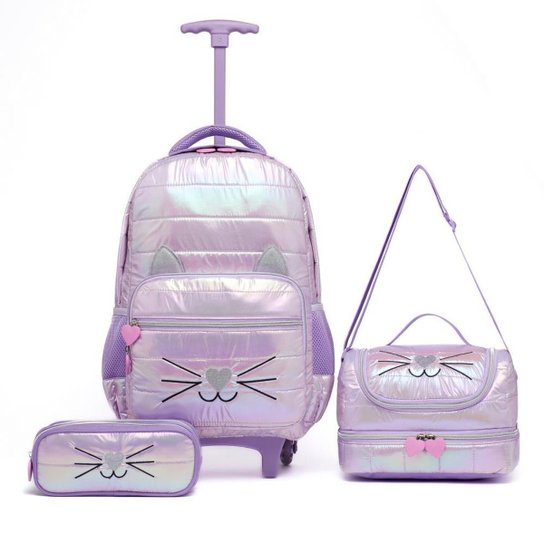 Kit Mochila Guelph Menina Rodinha Infantil Lancheira Térmica Estojo Holográfica