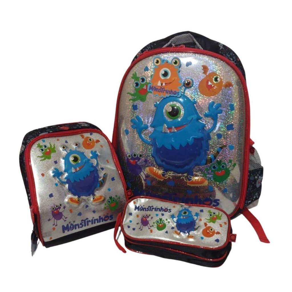 Kit Mochila Infantil Clio Escolar Monstrinho c/ Lancheira e Estojo FT71135 - Vermelho