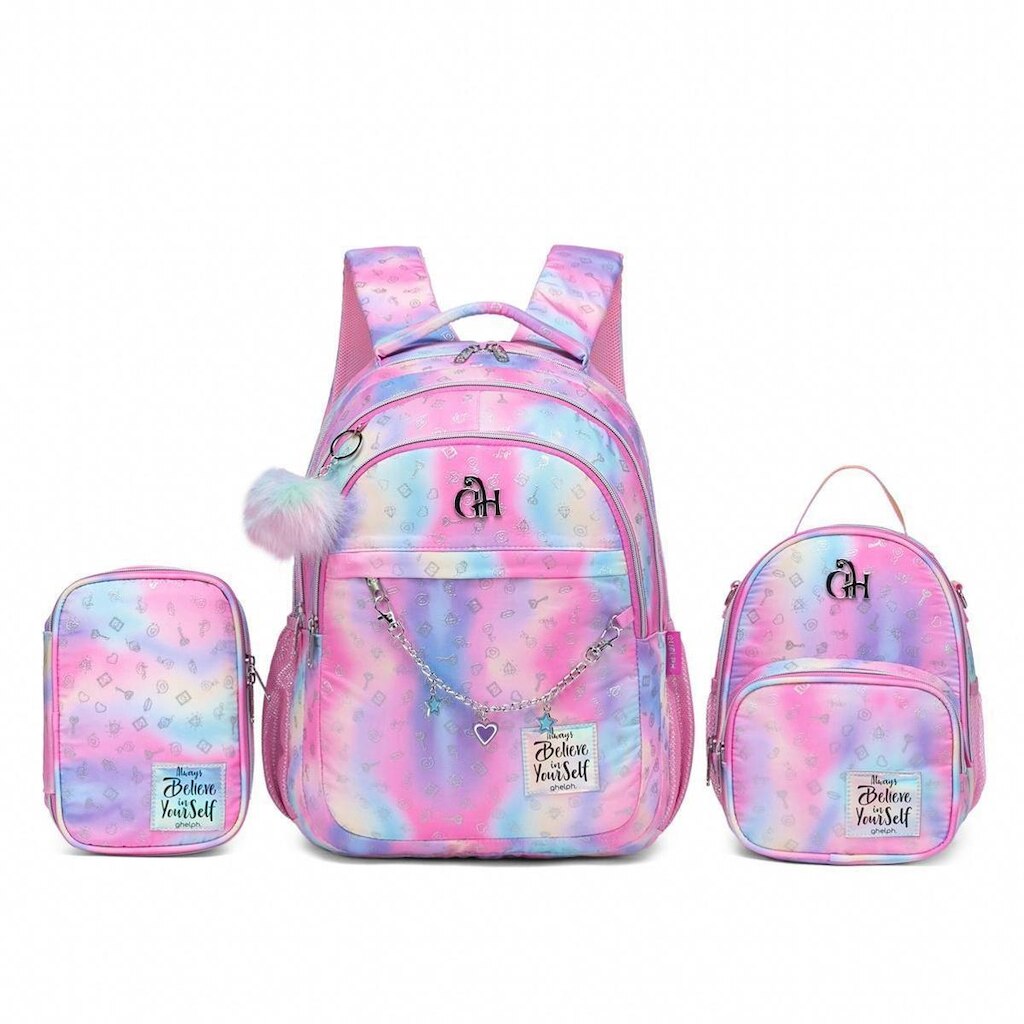 Kit Mochila Infantil Juvenil Guelph Rosa Lancheira Térmica Estojo Escolar Resistente