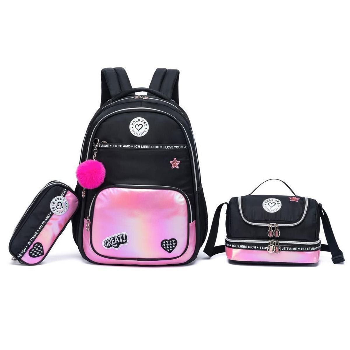 Kit Mochila Menina Polo One Costas Juvenil Chaveiro Resistente 16 Litros