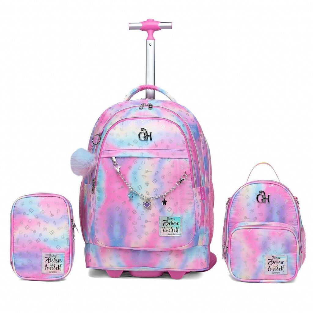 Kit Mochila Rodinha Feminino Guelph Lancheira Térmica Estojo 32 Litros Escolar Resistente