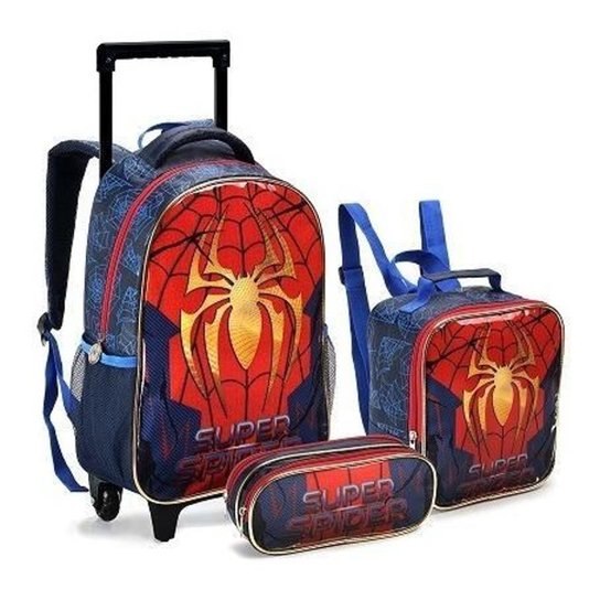 Kit Mochila Rodinha Lancheira Estojo Infantil Escolar Menino Super Spider Man Homem Aranha - Azul+Vermelho Menor preço em Kit Mochila Rodinha Lancheira Estojo Infantil Escolar Menino Super Spider Man Homem Aranha - Azul+Vermelho