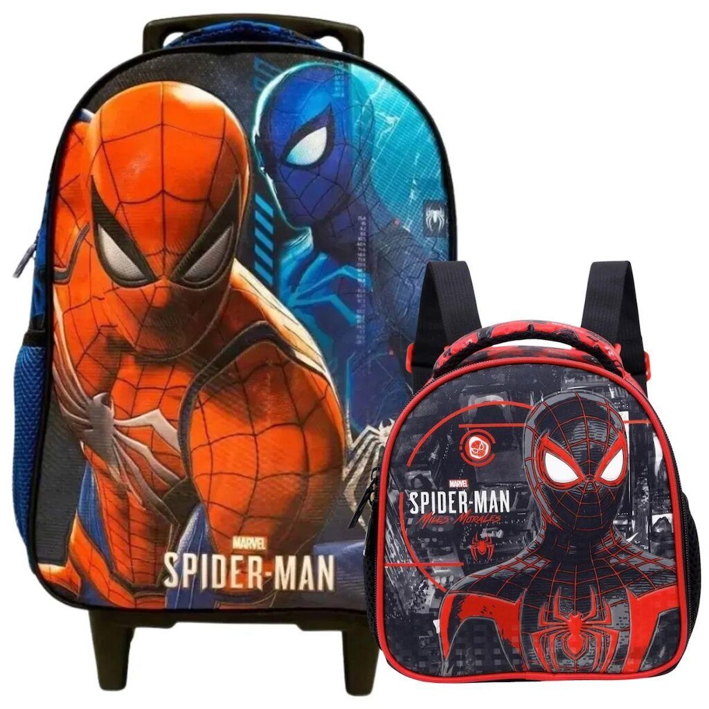 Kit Mochila Rodinha Lancheira Spiderman Miles Escolar Xeryus