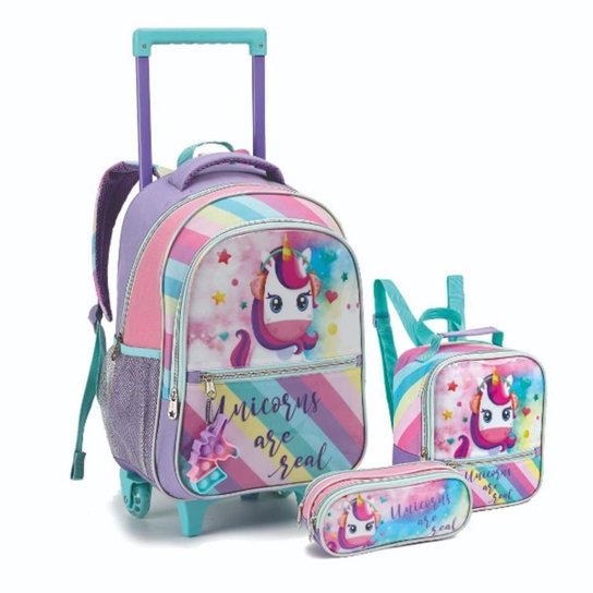 Kit Mochila Rodinha Lancheira Térmica Estojo Duplo Infantil Escolar Unicórnio - Lilás Menor preço em Kit Mochila Rodinha Lancheira Térmica Estojo Duplo Infantil Escolar Unicórnio - Lilás