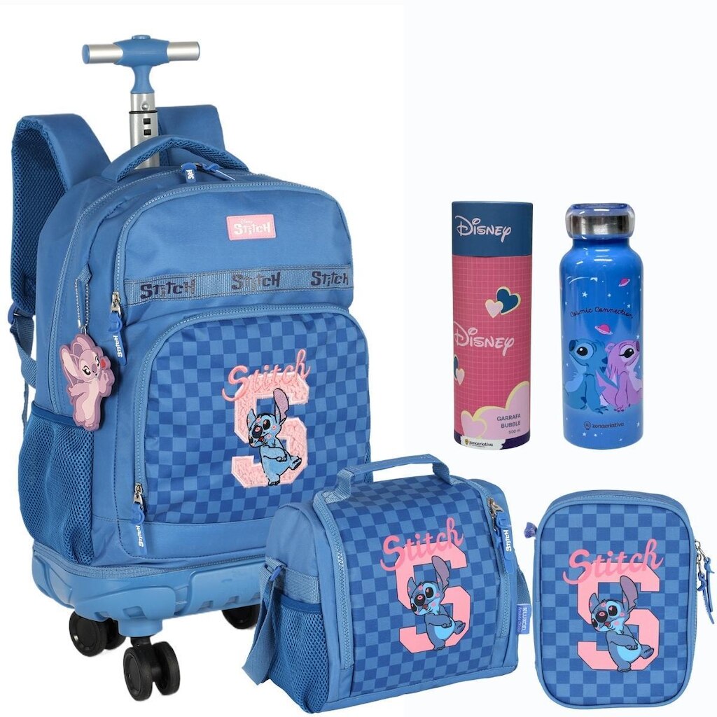 Kit Mochila Rodinhas 360 Garrafa STITCH Azul Luxcel MC50052