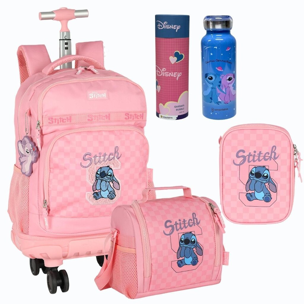 Kit Mochila Rodinhas 360 Garrafa STITCH Rosa Luxcel MC50052
