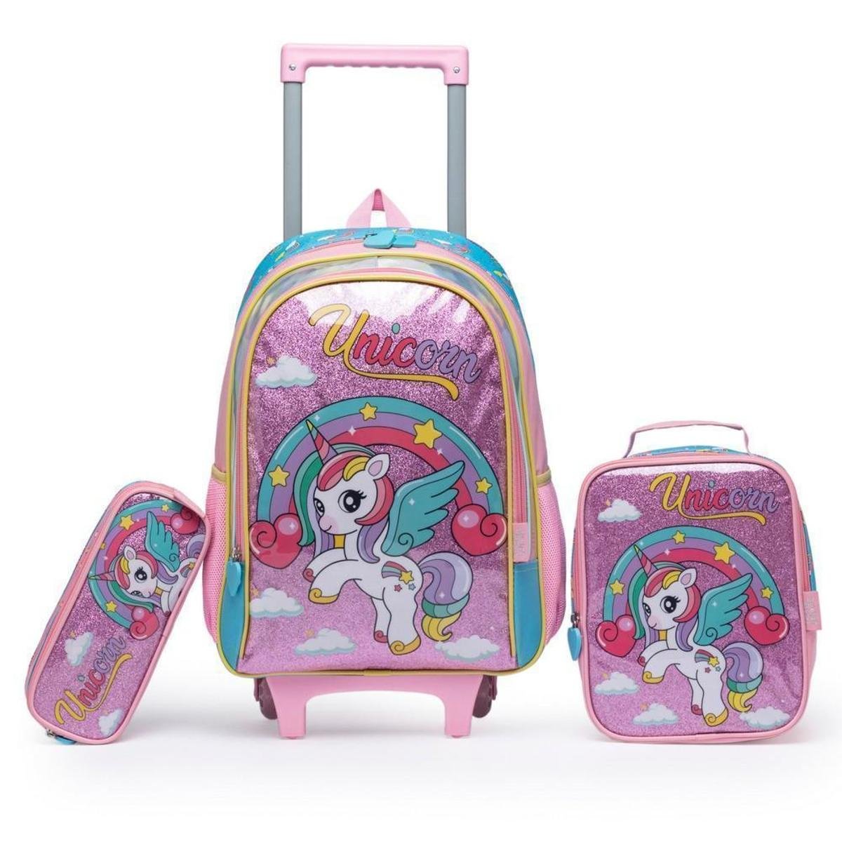 Kit Mochila Rodinhas Escolar Infantil Lancheira Térmica Estojo Menina Reforçada 26 litros Menor preço em Kit Mochila Rodinhas Escolar Infantil Lancheira Térmica Estojo Menina Reforçada 26 litros