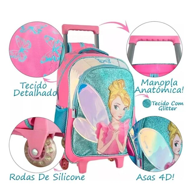 Kit Mochila Rodinhas Fada Infantil Escolar Lancheira Estojo Rosa