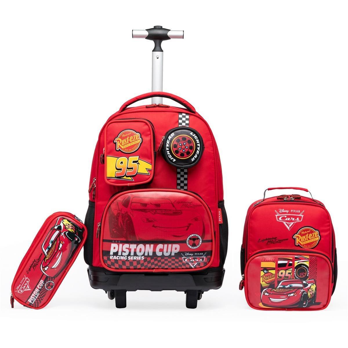 Kit Mochila Rodinhas Infantil Carros Relâmpago McQueen Lancheira Estojo ...
