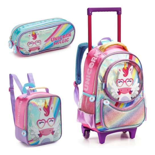 Kit Mochila Rodinhas Lancheira Escolar Infantil Feminina Unicornio Colorido Rainbown Denlex 14 - Rosa Menor preço em Kit Mochila Rodinhas Lancheira Escolar Infantil Feminina Unicornio Colorido Rainbown Denlex 14 - Rosa