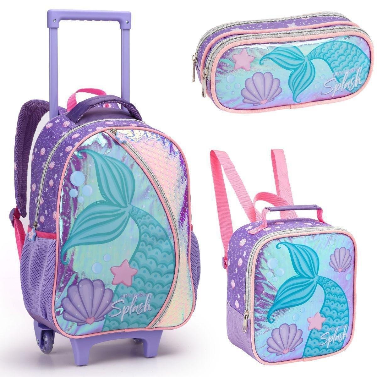 Kit Mochila Rodinhas Lancheira Estojo Duplo Menina Escolar Infantil Sereia Lilás Seanite Menor preço em Kit Mochila Rodinhas Lancheira Estojo Duplo Menina Escolar Infantil Sereia Lilás Seanite