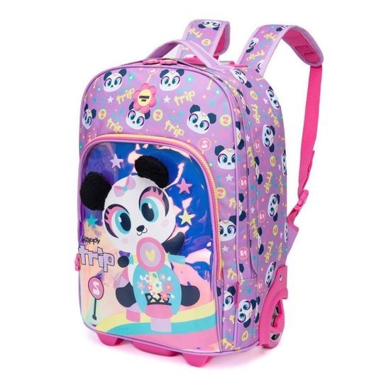 Kit Mochila Rodinhas Lancheira Estojo Espaçosa Infantil Menina Panda