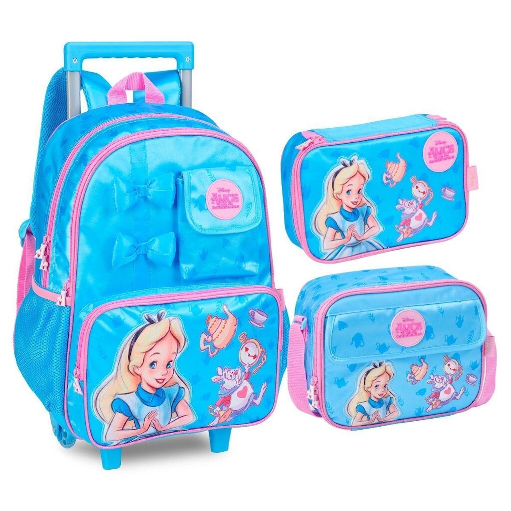 Kit Mochila Rodinhas Lancheira Estojo Infantil Alice