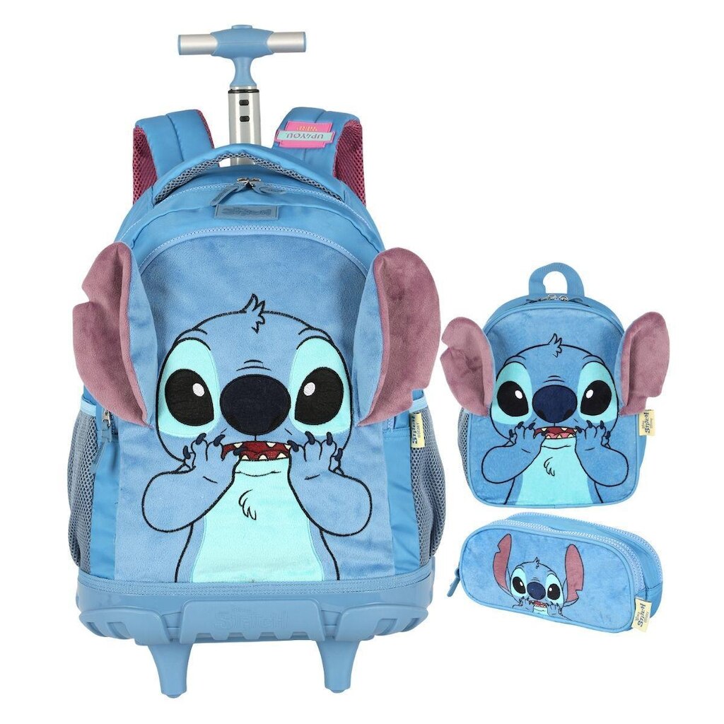 Kit Mochila Rodinhas Lancheira Estojo Peluciada Stitch