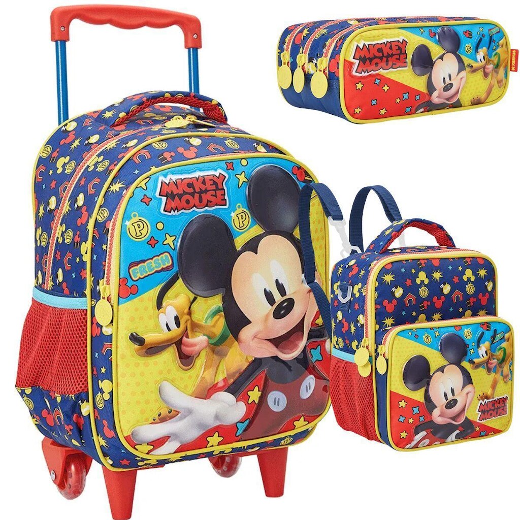 Kit Mochila Rodinhas Lancheira Estojo Triplo Mickey Mouse Disney Escolar Infantil Xeryus