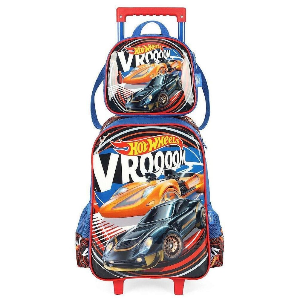 Kit Mochila Rodinhas Lancheira Luxcel Hotwheels Vermelho Vrooom