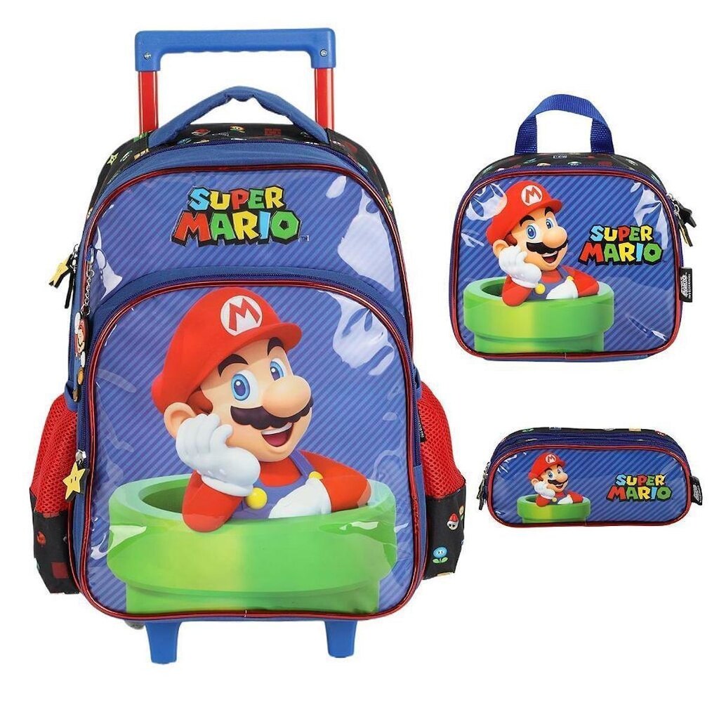 Kit Mochila Sem Alça Lancheira Estojo Luxcel Super MárioAzul