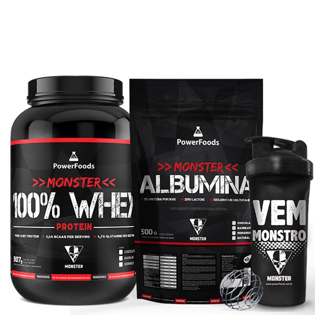 Kit Monster 100 Whey Protein 907g com Monster Albumina Natural 500g e