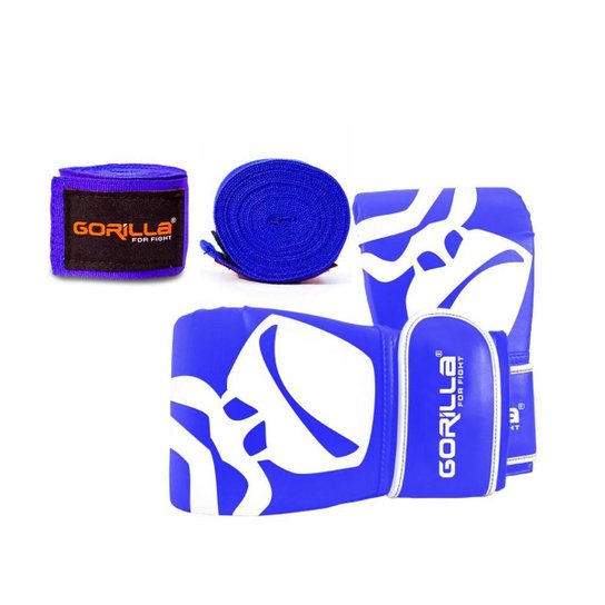 Kit Muay Thau Luva Bate Saco Pro + Bandagem Elástica 3 Metros Fita Esportiva Treino Boxe Gorilla - Azul Menor preço em Kit Muay Thau Luva Bate Saco Pro + Bandagem Elástica 3 Metros Fita Esportiva Treino Boxe Gorilla - Azul